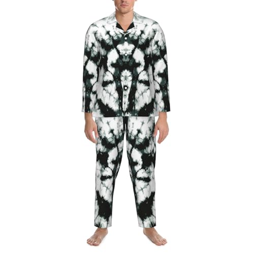 Black Gray Color Tie Dye Mens Pajamas Set Button Down Sleepwear Set Long Sleeve Loungewear With Pockets