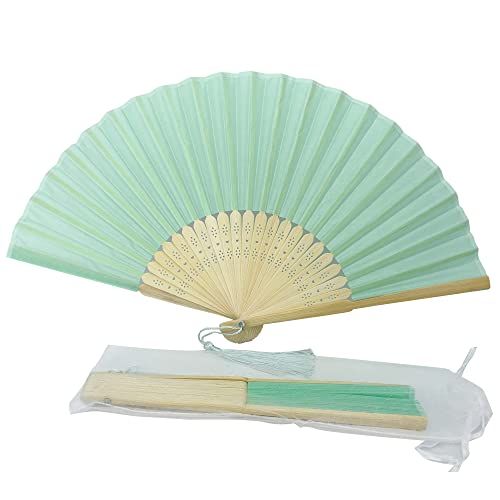 Image of Fabric Handheld Folding Hand Fan with a Tassel Grade A Bamboo Ribs for Women Girls Summer Party Event Favor Birthday Wedding Souvenir Gift (Light Turquoise)