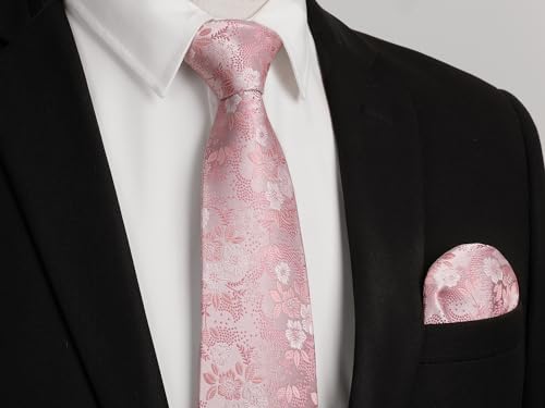 Image of HISDERN Men Floral Ties Woven Classic 3.4 inch Necktie Set Formal Tie Pocket Square for Wedding with Handkerchief Gift Box