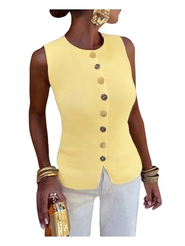 GORGLITTER Women's Button Up Metal Knit Tops Sleeveless Lightweight Sweater Vest Business Casual Work Cardigan
