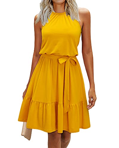 Newshows Women's 2026 Summer Dress Halter Casual Beach Vacation Outfits Hawaiian Dresses Ruffle Belted Sundress with Pockets(Yellow, S)