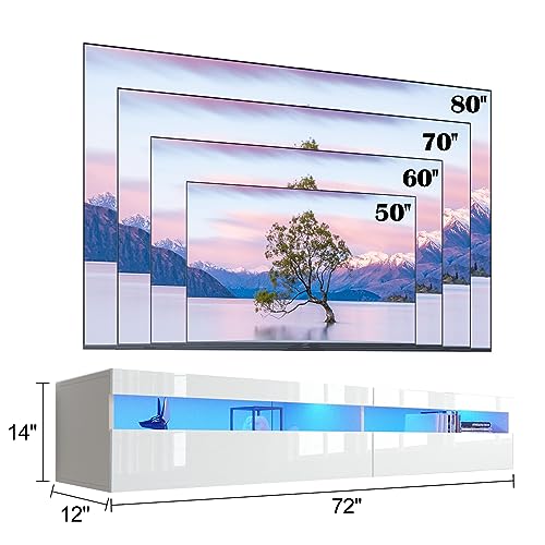 Vmobili Floating TV Stand with Led Lights,71\" Wall Mounted Entertainment Center with Storage,TV Cabinet Stand with Power Outlet, Modern Wall Mounted Wood Media Console for Living Room,Bedroom
