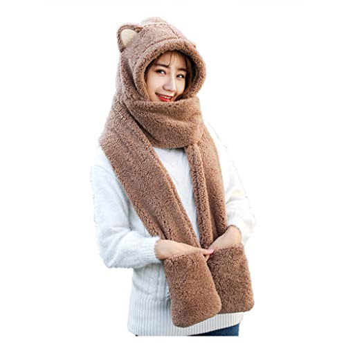 IMJONO Fille Écharpes Femme Hiver Chaud Moelleux Capuche Echarpes Femme Cachemire Chic Snood Poche Chapeaux Gants Oreilles de chat Foulards Femme Pas Cher (A-Café) Cover