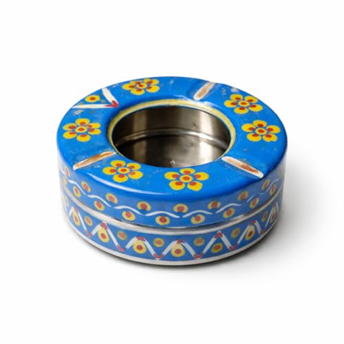 Image of iHandikart Handpainted Ash Tray 4x2 Inch | Metal Ashtray for Home, Table & Car Use | Multicolour Decorative Ashtray | Handmade Smoking Accessories for Indoor & Outdoor Use(Blue)