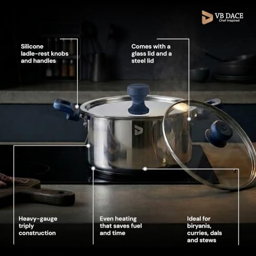 Image of VB DACE Triply Stainless Steel Biryani Pot 24 cm (4.8 L) | Heavy Gauge Handi with Glass & Steel Dual Lids | Induction & Gas Compatible | Even Heat Distribution | Ideal for Biryani, Rice, Curry & Stew