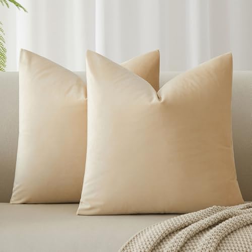 Image of JUSPURBET 16x16 Decorative Velvet Throw Pillow Covers Cases Set of 2,Khaki | Modern Soft Cushion Covers with Hidden Zipper for Couch Sofa Bed Living Room Bedroom Home Decor