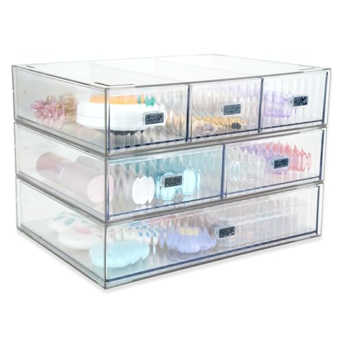 3PCS Cassetti Plastica Impilabili, TIE-DailyNec Cassettiera Trucchi in Acrilico, Cassettiera Portaoggetti, Cassetto Organizer con 6 Scomparti, Organizzatore da Tavolo per Casa Cosmetici Gioielli