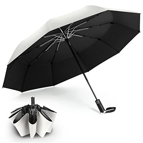 Zrvek Compact Travel Windproof Umbrella Auto Open Close Collapsible Folding Umbrellas Portable Umbrellas for Rain White 46