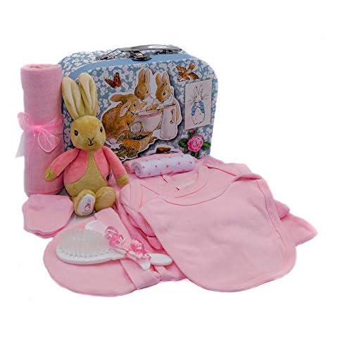 New Baby Girl Gift - Peter Rabbit Keepsake Box with 5-Piece Layette Clothing Set, Flopsy Bunny Rattle and Newborn Gifts Cover
