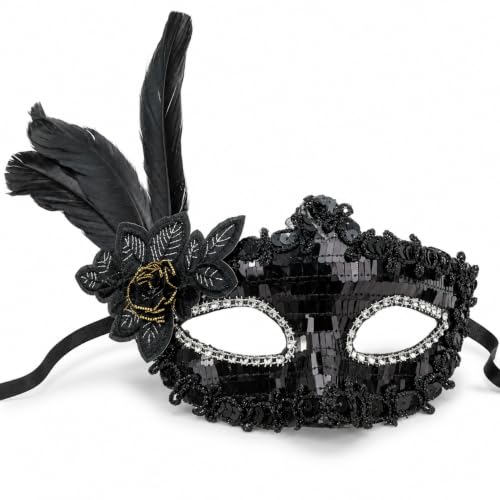 Image of Wanna Party Black Sequin Masquerade Mask for Women Men,Venetian Mask Shinny Eye Masks for New Year Halloween Costume Mardi Gras Party Ball- Black