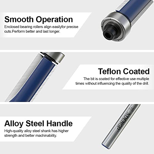 Image of Flush Trim Router Bits 1 /4 Inch Shank, 3 /8 Inch Cutting Diameter, 1-3 /16 Inch Cutting Height, Bottom Bearing Flush Straight Cut Trim Router Bit for Woodworking