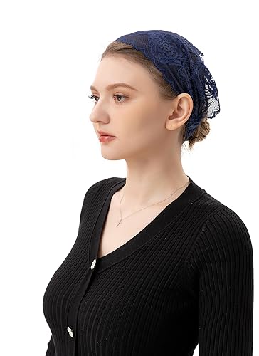 PAMOR Stretchy Rose Lace Headband Floral Headwrap Chapel Veils Latin Mass Head Covering Catholic Church Veil with Bobby Pins (Navy Blue)