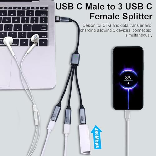 Image of Tobo USB C Splitter 1 in 3 Out with Type A Male to Type C Female Adapter, USB C 1 Male to 3 Female Y Splitter Extension Charging Cable for Tablet, Hard Drive, etc (TD-1608CC)