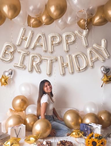 Image of Champagne Gold Happy Birthday Balloon Banner, 16-Inch Foil Letter Balloons, Elegant Birthday Decorations for Women Girls, Adult Birthday Party Photo Backdrop