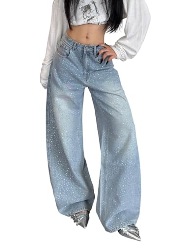 OYICAI Womens Baggy Rhinestone Jeans Y2K Wide Leg Sparkly Bling Glitter Casual Denim Pants Trousers High Waist Jeans Oversized Relaxed Y2k 2000s Extreme Skateboard T6 Light Blue Small