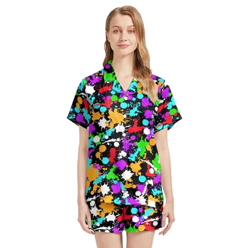Image of Funny Pajamas for Women Set Print Satin Loungewear Pjs Short Sleeve Button Down Top and Shorts Sets Sleepwear XS-3XL