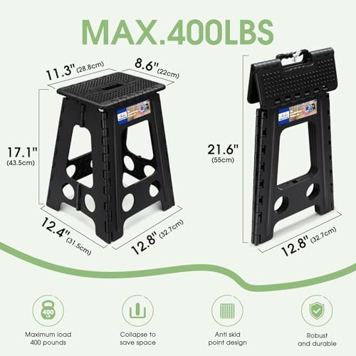 Image of ACKO Folding Step Stool Foldable 17.5 Inch Stools for Adults and Kids,Plastic Stools Tall 400 lbs Capacity, Collapsible Stool for Kitchen, Stepping Foot Stool with Handle, Dot Black,1 PC