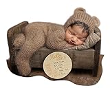 Baby Boy Costume Newborn Outfits, Newborn Photography Outfits Boy Girl with Bonnet, Hand-Knitted Teddy Bear Costume with Baby Announcement Sign