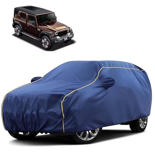 Image of Sulfar 100% Water Resistant Car Body Cover Compatible with Mirror for Mahindra Thar Roxx (Triple Stitched, Full Bottom Elastic, Blue Tafetta with Yellow Piping)