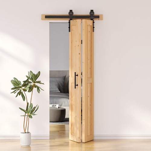 SKYSEN 30' X 84' Bifold Barn Door with 36' Bifold Barn Door Hardware Kit, Including Handle and Pulls, Unfinished Solid Spruce Wood Panel, Pre-Drilled and Assembled(30 * 84-36-fold)