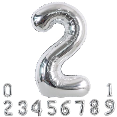 Image of TONIFUL 40 Inch Silver Number 2 Balloon Large Foil 2nd Birthday Decorations