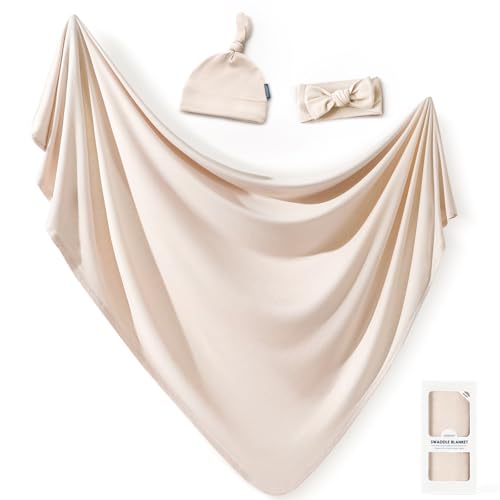 Image of GRSSDER Newborn Swaddle Blanket, Ultra Soft Jersey Receiving Blanket with Matching Headband and Beanie Set, 47x47 inch Extra Large Nursery Swaddle Wrap for Girls and Boys