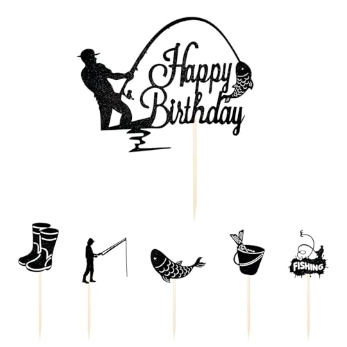 Lot de 6 décorations de gâteau de pêche - Accessoires de pêche - Décoration de gâteau DIY - Pour garçon et homme - Fête d'anniversaire - Décoration de gâteau d'anniversaire - Poissons - Anniversaire
