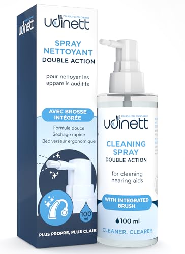 Spray Nettoyant pour Appareils Auditifs 100ml avec Brosse Hygiénisant Udinett pour le Nettoyage des Écouteurs Bluetooth Élimine le Cérumen la Saleté avec Effet Immédiat Formule Sans Alcool