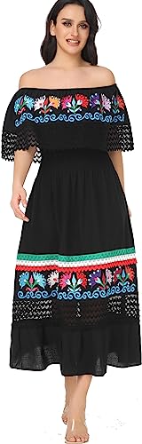 Image of YZXDORWJ Women Embroidered Mexican Peasant Casual Sexy Lace Off-Shoulder Long Dress