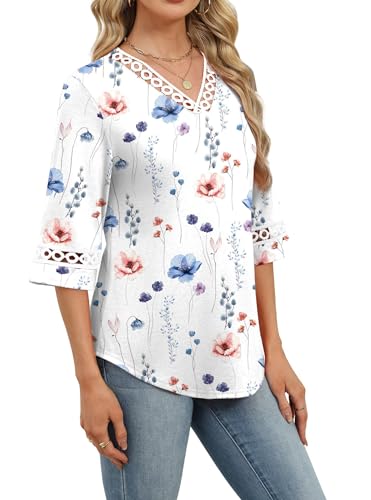 Image of WIHOLL Womens Tops Eyelet Lace V Neck 3 /4 Bell Sleeve Blouses Dressy Casual Work Shirt 2026 Summer Fall Fashion Clothing