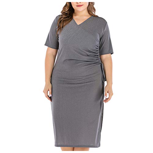 Solid Plus Size Dress,Kingwo Women Lace Sleeveless Slim Fit Maxi Dress Plus Size Short Sleeve V-Neck Hollow Party Dress UK Size 12~20 Gray