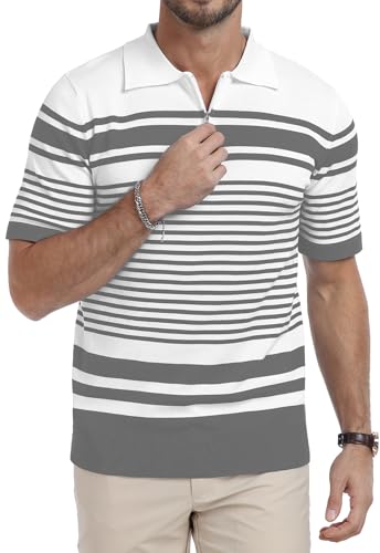 KUYIGO Polo para Hombre con Cuello de Punto, Manga Corta, Cremallera, Rayado miniatura 3