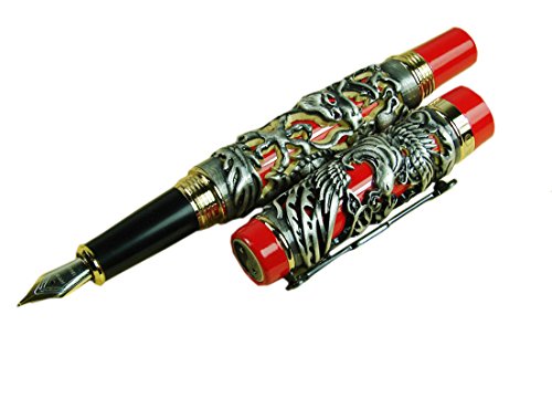 Lanxivi® Jinhao Dragon Phoenix Embossment Fountain Pen Gray Embossment Red Background With Pen Pouch #TOP25
