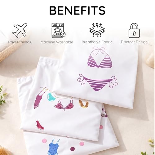 Image of Lingerie Drawstring Bags Set of 3, 15x15 inch, 100% Pure Cotton, Cute Embroidery Pouch for Underwear, Swimwear, Delicates & Travel Storage, Washable Beach Bags for Women (White)