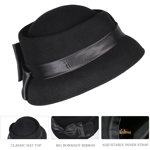 Sombrero vintage de lana para mujer con lazo de raso miniatura 4