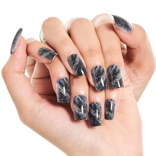 GLAMERMAID Ombre Press on Nails Medium Square, Fall Peacock Blue Marble Jelly Soft Gel Nails Square Fake Nail, Glossy Stick Glue 0n Nail Kit for Women, Reusable Stick on Acrylic Fake Nail Manicure Set — view 2