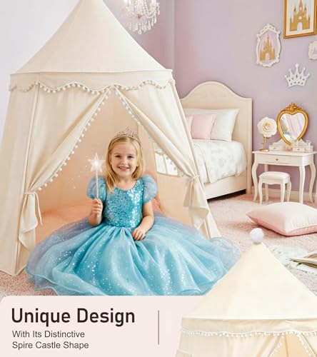 Play Tent, Large Playhouse Kids Castle Play Tents with Carry Bag, Indoor Outdoor Game Tent, Portable Children Yurt Tents, Birthday Gift for Boys & Girls, 47''x45'', Cream - Image 2