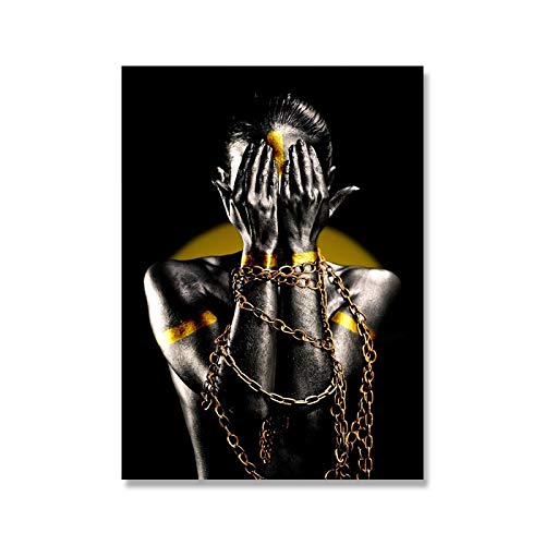 Impression femme noire art abstrait luxe toile chaîne dorée pour séjour