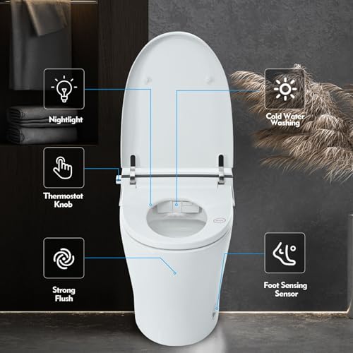 Smart Toilet Bidet Combo con Boquilla Autolimpiable, Inodoro de Doble Descarga sin Tanque, Flush con Sensor de Pie, Luz Nocturna LED, Control de Perilla, Descarga en Corte de Energía, Asiento de Cierre Suave, Tecnología de Ahorro de Agua miniatura 5