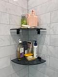 Bakzon 2-Pack Glass Shelf Shower Caddie, Shower Shelves for Inside Shower, Drilling Free Adhesive Wall Mounted Bathroom Organizer Shelves with Aluminium Brackets, Black