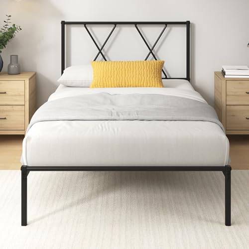 Zinus Elias Bettgestell 90 x 200 cm mit Moderne Kopfteil - Metallbett 90x200 mit Metall-Lattenrost - 30 cm Hohe Plattform mit Freiraum Darunter - Kein Boxspringbett Erforderlich - Schwarz