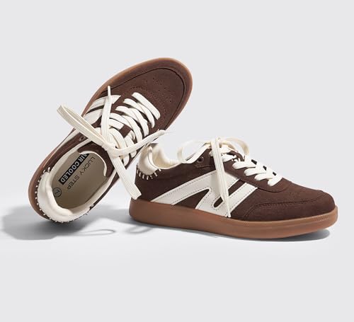 Image of LUCKY STEP Women Classic Retro Gum Sole Fashion Sneakers Casual Tennis Skate Shoe Genuine Leather Walking Footwear Anti Slip Trainers
