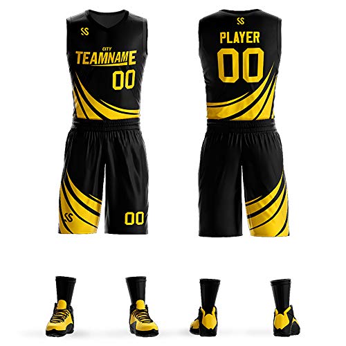 Custom Basketball Outfits Personalized Printed Name and Numbers Breathable Quick-Dry Sports Jersey for Men/Kid Black Yellow23 One Size