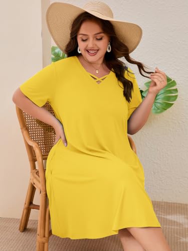 Image of AusLook Plus Size Midi Dress for Women Short Sleeve V Neck Criss Cross A Line Summer Casual Vacation Sundresses with Pockets