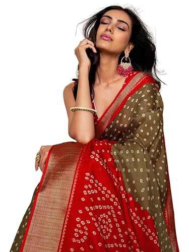EthnicJunction Women's Dola Silk Bandhani Print Zari border Saree with Blouse Piece