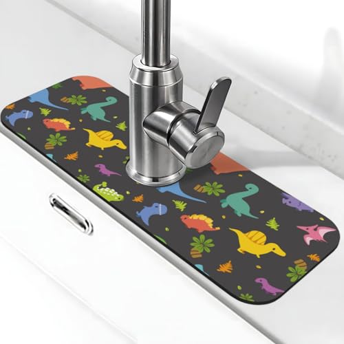 Water Absorbing Sink Pad for Kitchen and Bathroom, Tropical Cartoon Dinosaur Tree Splash Guard Mat Non-Slip Washable Sink Mat for Bathroom 15"X5.5"