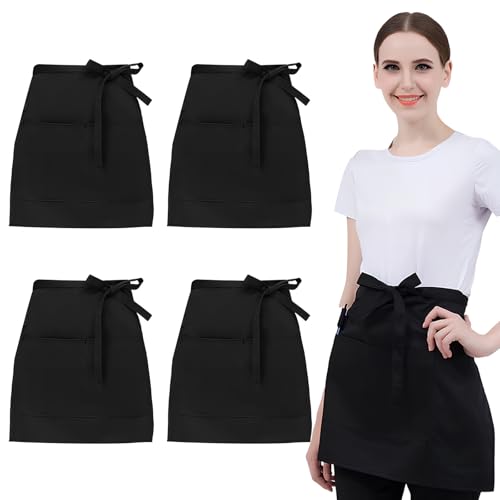 Hnonoxy 4 Stück Vorbinder Schürze, 58 x 43cm Küchenschürze mit 2 Taschen, Kurz Koch Schürzen, Kellnerschürze Grillschürze Baristaschürze Taillenschürze für Herren Damen, Schwarz
