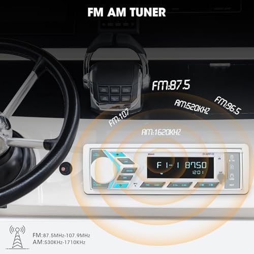 Image of Single Din Marine Radio Bluetooth: Boat Stereo Receiver - Push to Talk Assistant Digital LCD Screen AM FM Tuner 4 Volts Preamp Outputs 2 Subwoofer Ports USB Charging Aux-in Remote Control