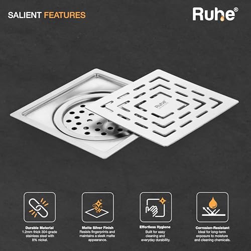 Image of Ruhe Sapphire Square Flat Cut Floor Drain | 304-Grade Stainless Steel with Cockroach Trap (6 x 6 Inches) | Floor Drainer for Bathroom, Balcony