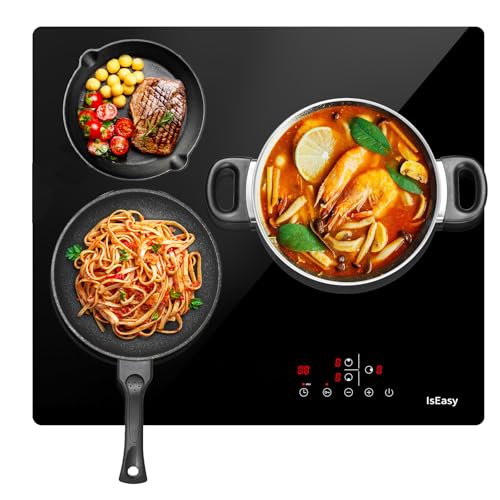 Plaque Vitrocéramique 3 Feux Encastrable, IsEasy Table de Cuisson Vitroéramique 3 Feux, Plaque de cuisson Electrique 60cm, 5500W, Minuteur, 9 Niveaux de Puissance